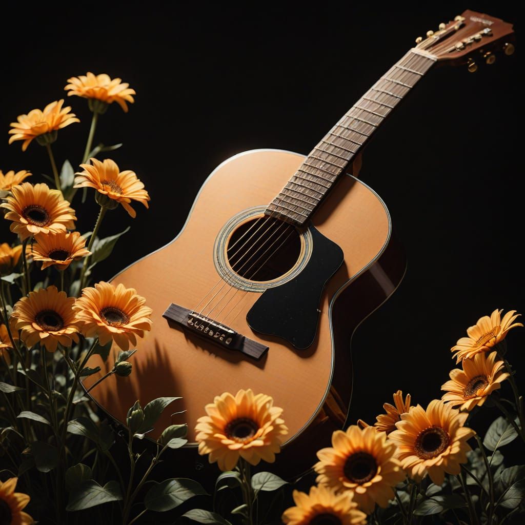 Surrealistic Dutch Masterpiece: Guitar Amidst Blooming Flowe...