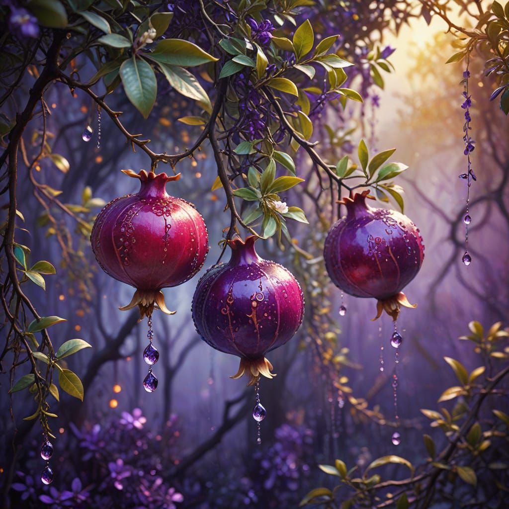 Entwined Pomegranate Trees and Jasmine Vines in Watercolor