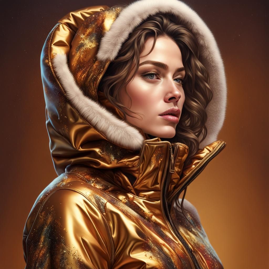detailed brown and gold snowsuit on a woman, chic, modern, designer, high fashion, Hyperrealistic, splash art, concept a...