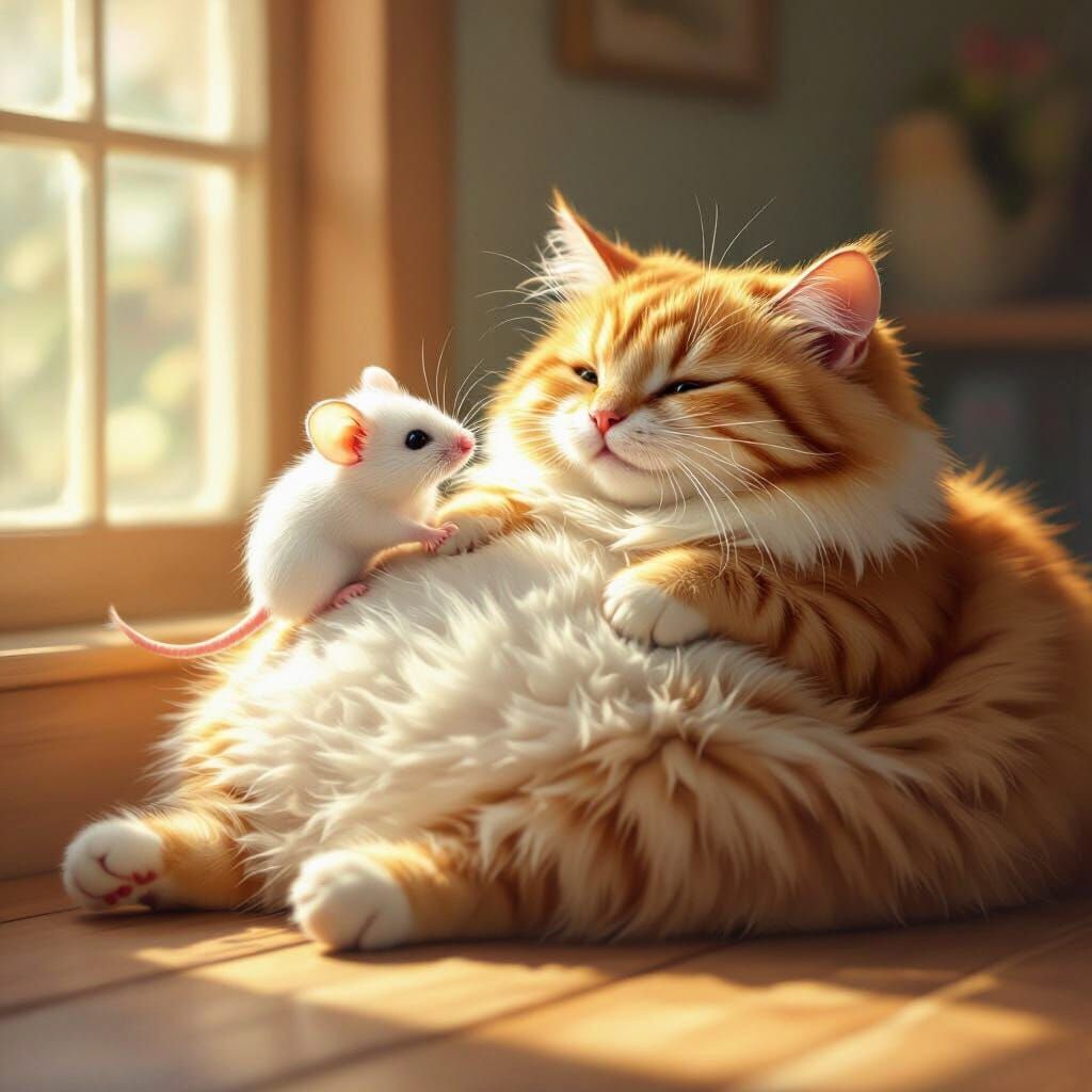 Fluffy Mouse Balances on Amused Cat's Belly
