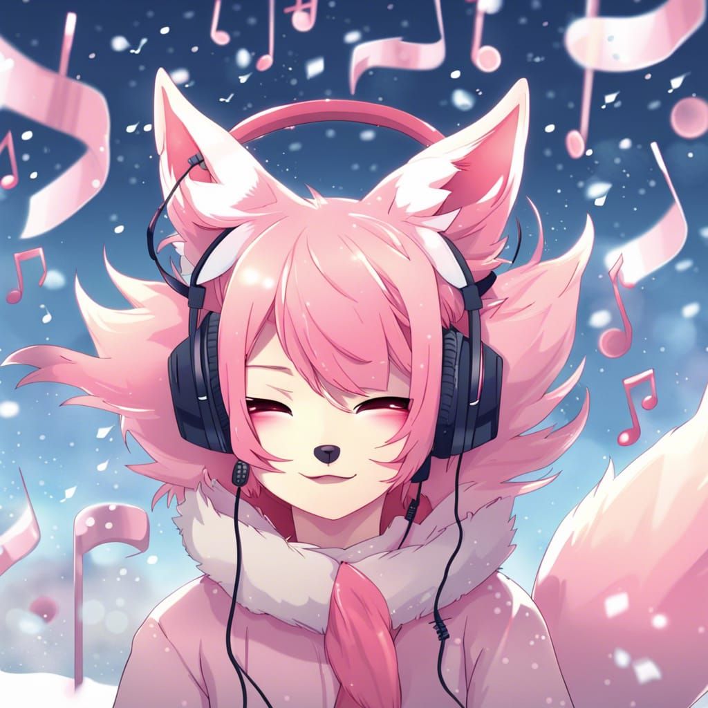 Anime Pink Fox Listening to Music