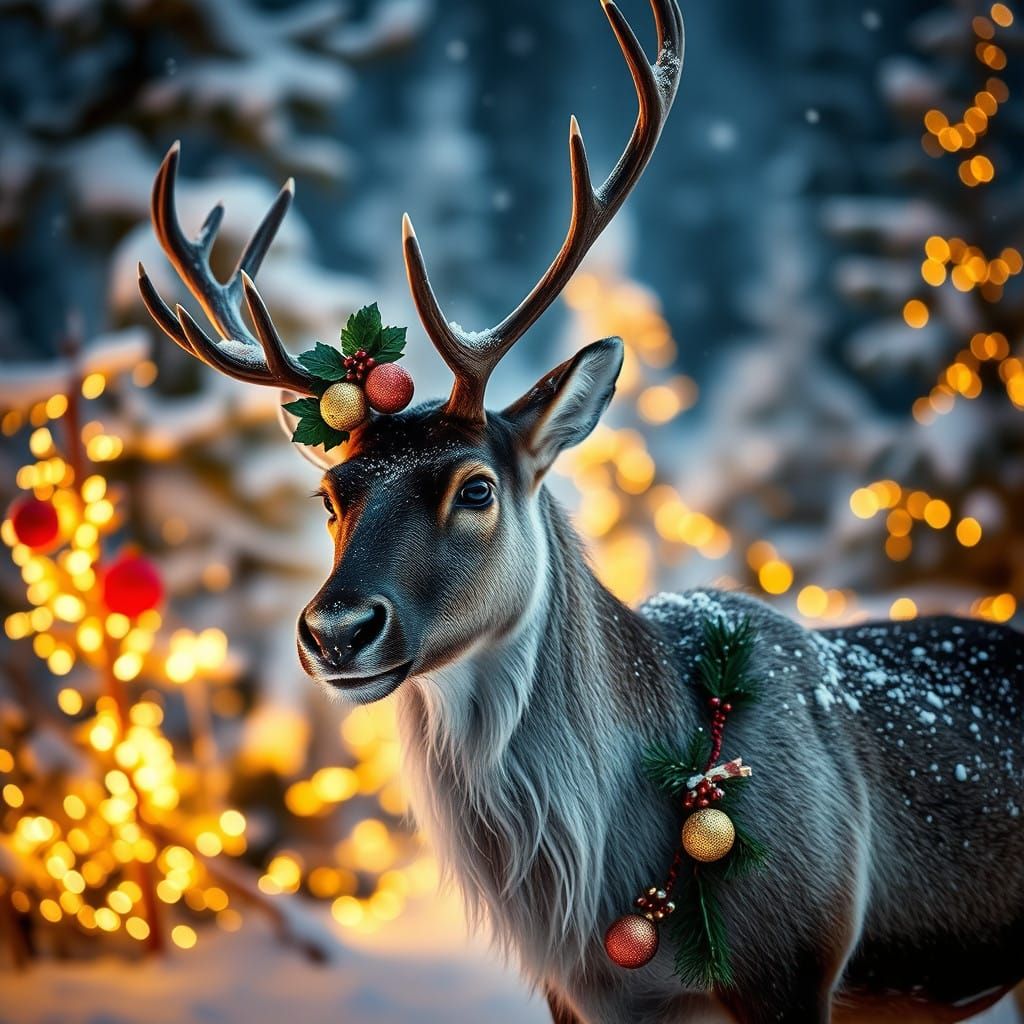 Majestic Reindeer in Winter Wonderland with Whimsical Touch