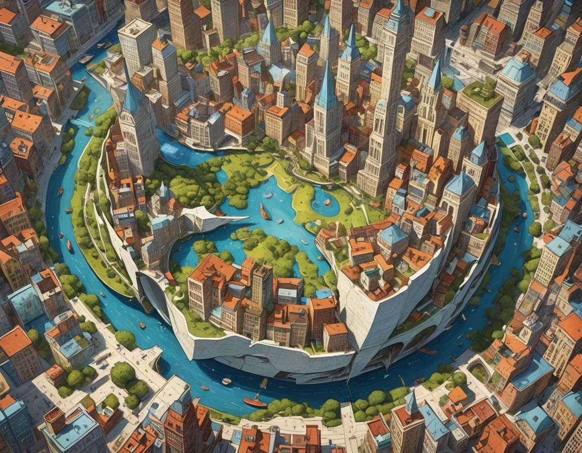 Sentient Atlas Drifting Above Vibrant City