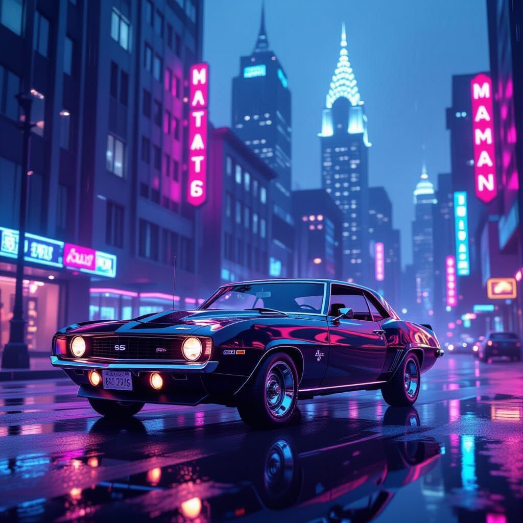 1969 Camaro on Neon Retro-Futuristic City Street