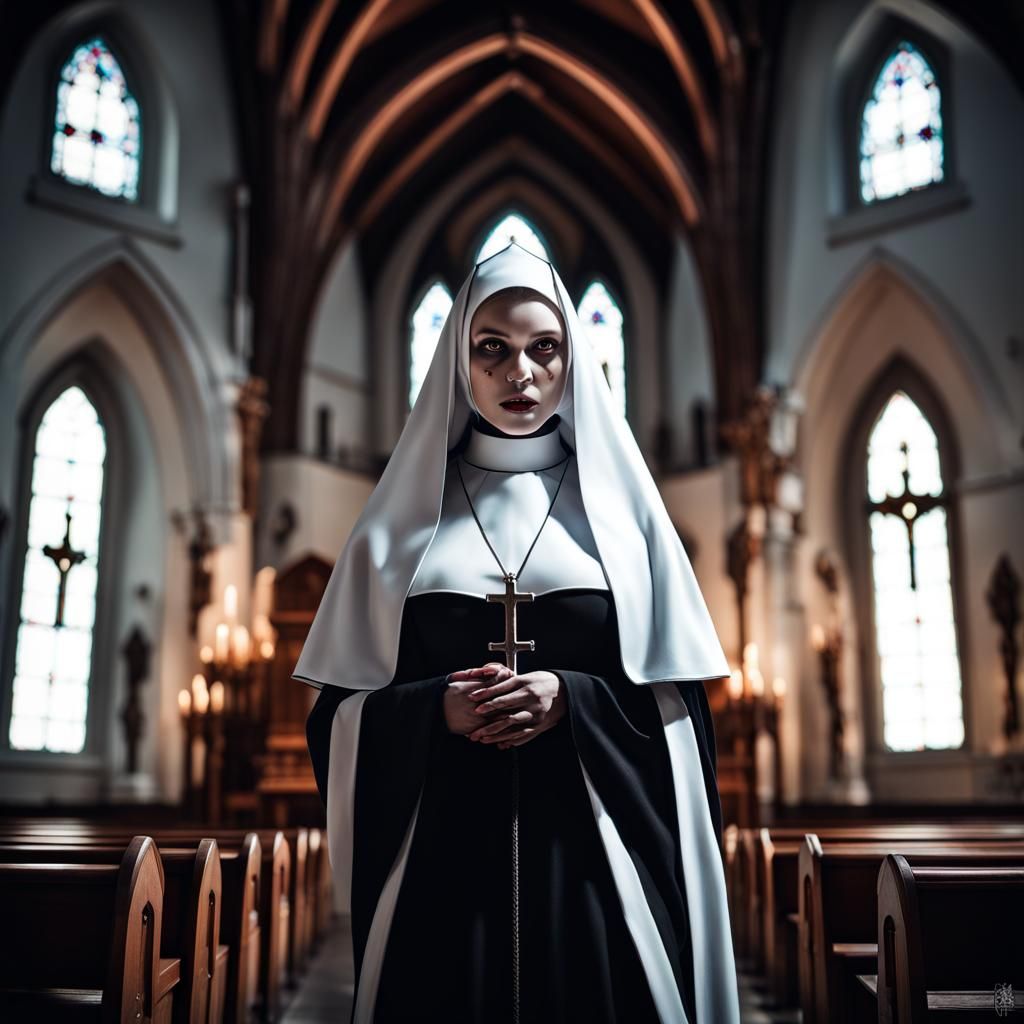 Demon Nun Portrait in Hyperrealistic Style