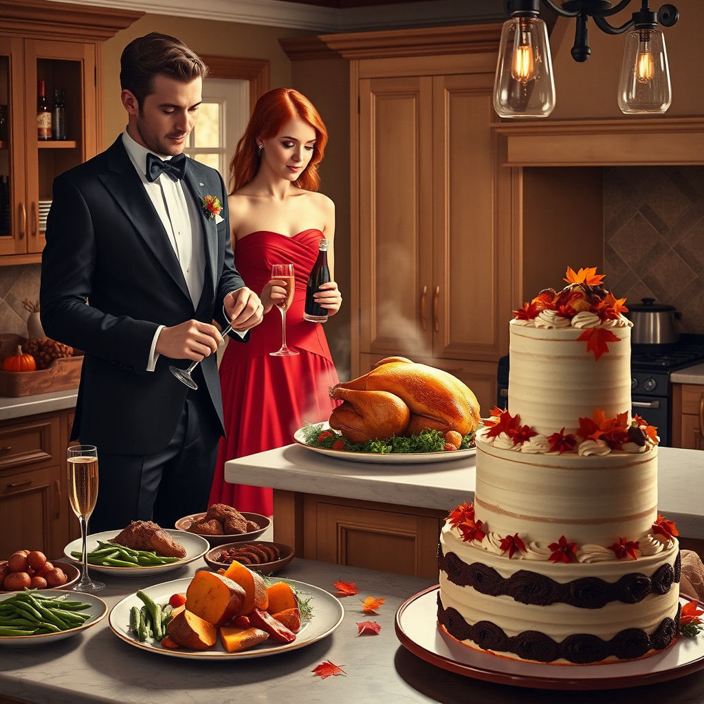 Elegant Couple Prepares Thanksgiving Dinner, Rockwell Style