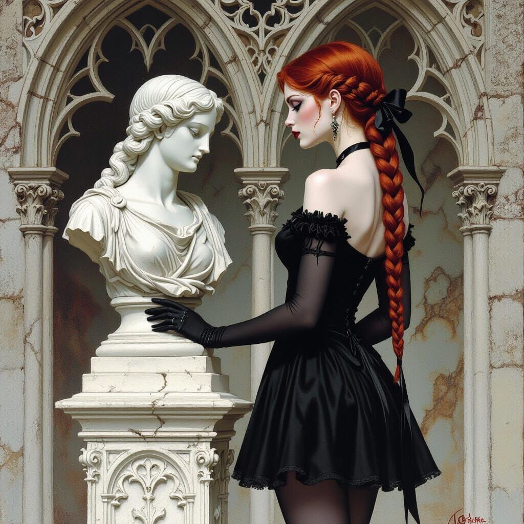 Vampire Admiring Statue in 90s Fantasy Art Style