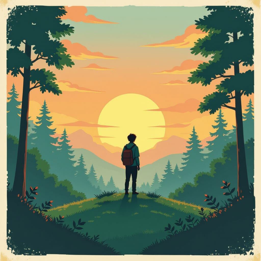 Twilight Silhouette in Nature Reserve, Vintage Anime Style