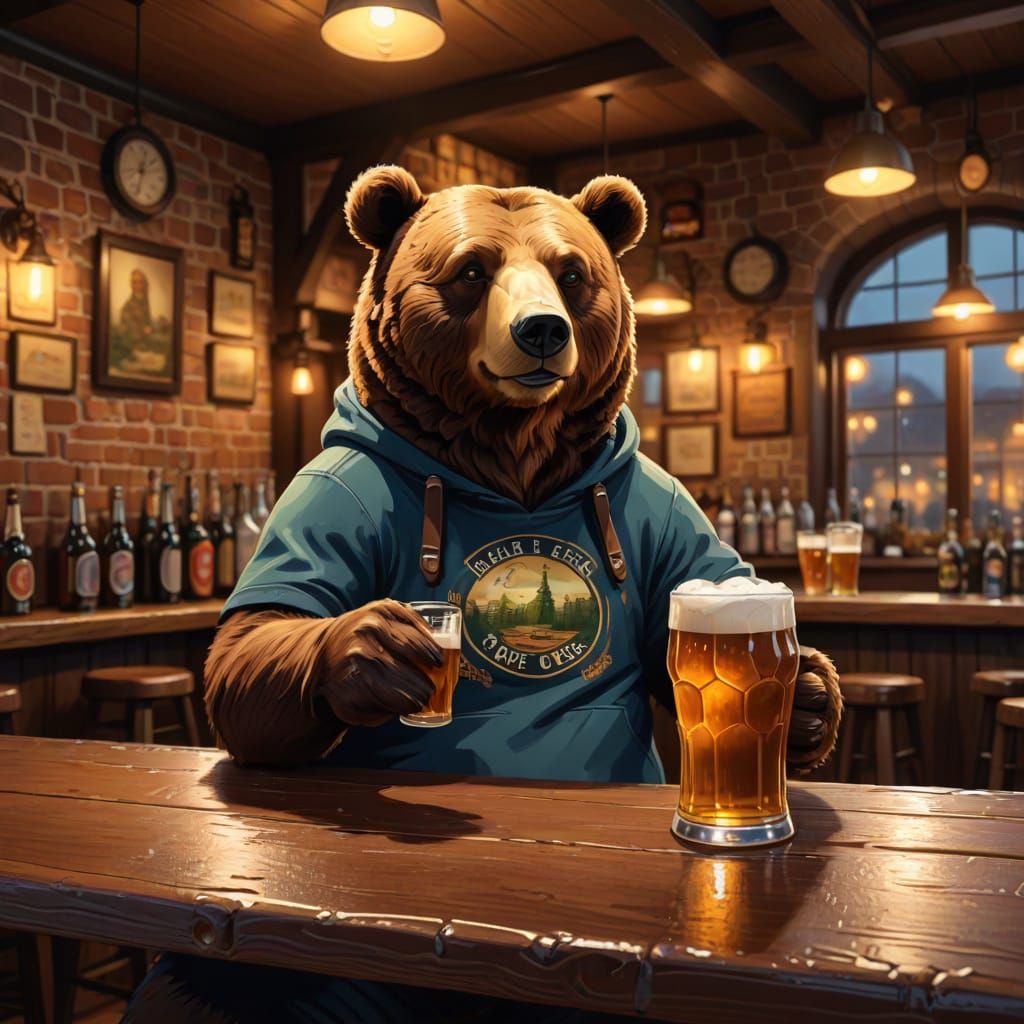 bear having a bear at a pub