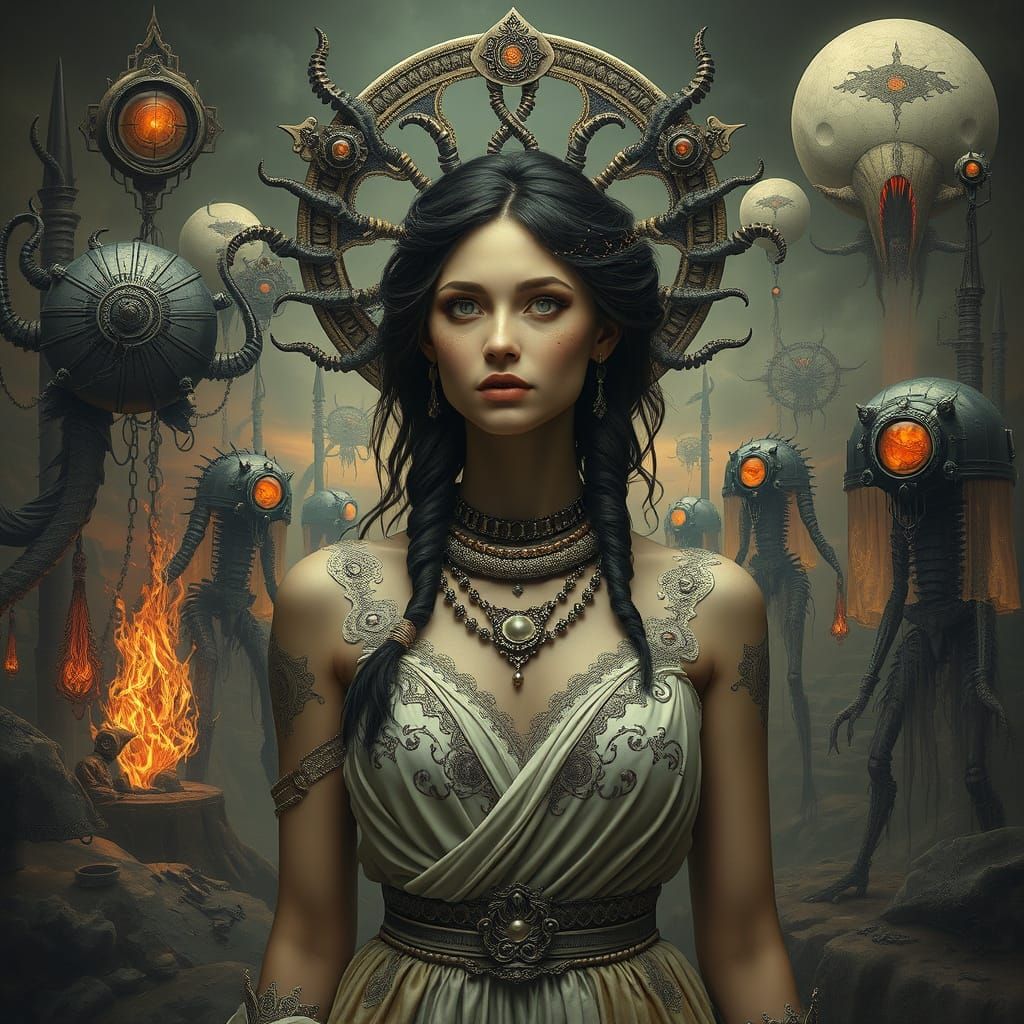 Woman in Greece-Inspired Attire in Surreal Landscape