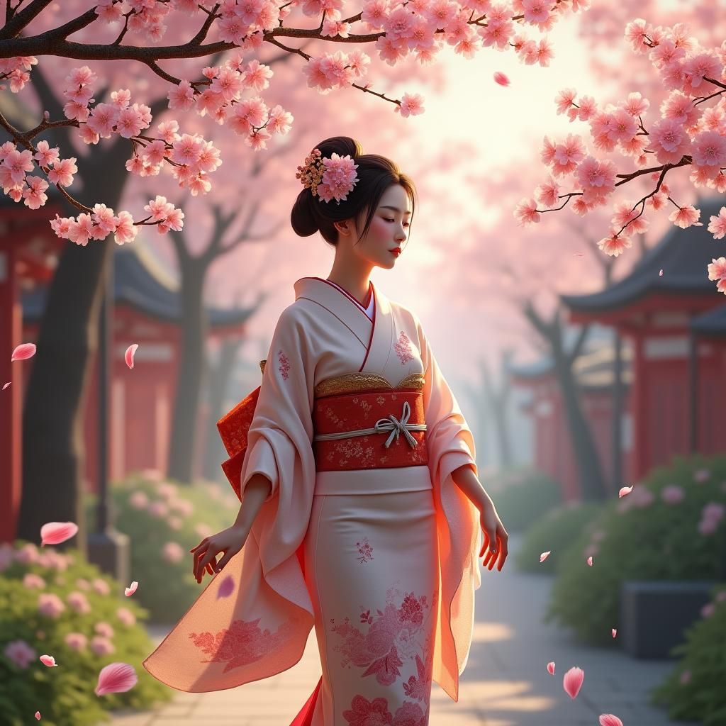 Geisha Beneath Cherry Blossoms: Fantasy Concept Art