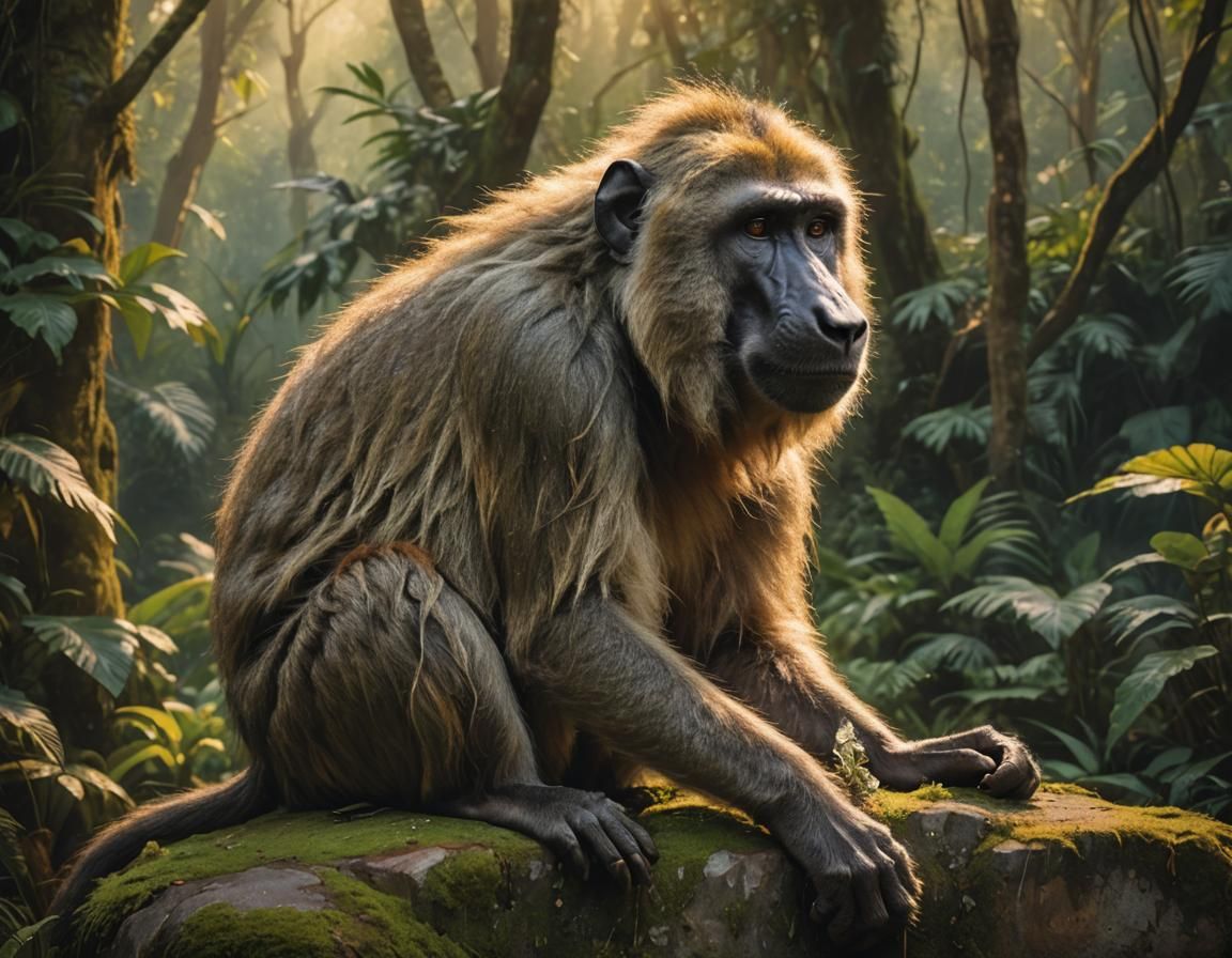 Wise Old Baboon in Golden Jungle Light