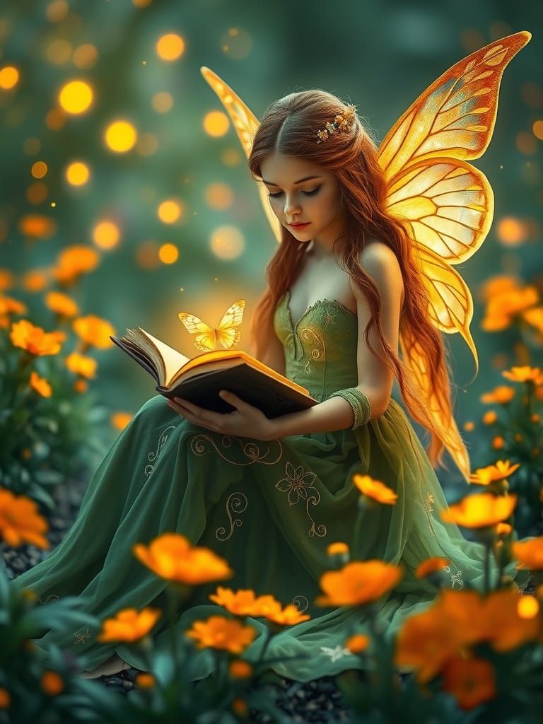 Ethereal Fairy in Golden Wings Amidst Glowing Orange Flowers