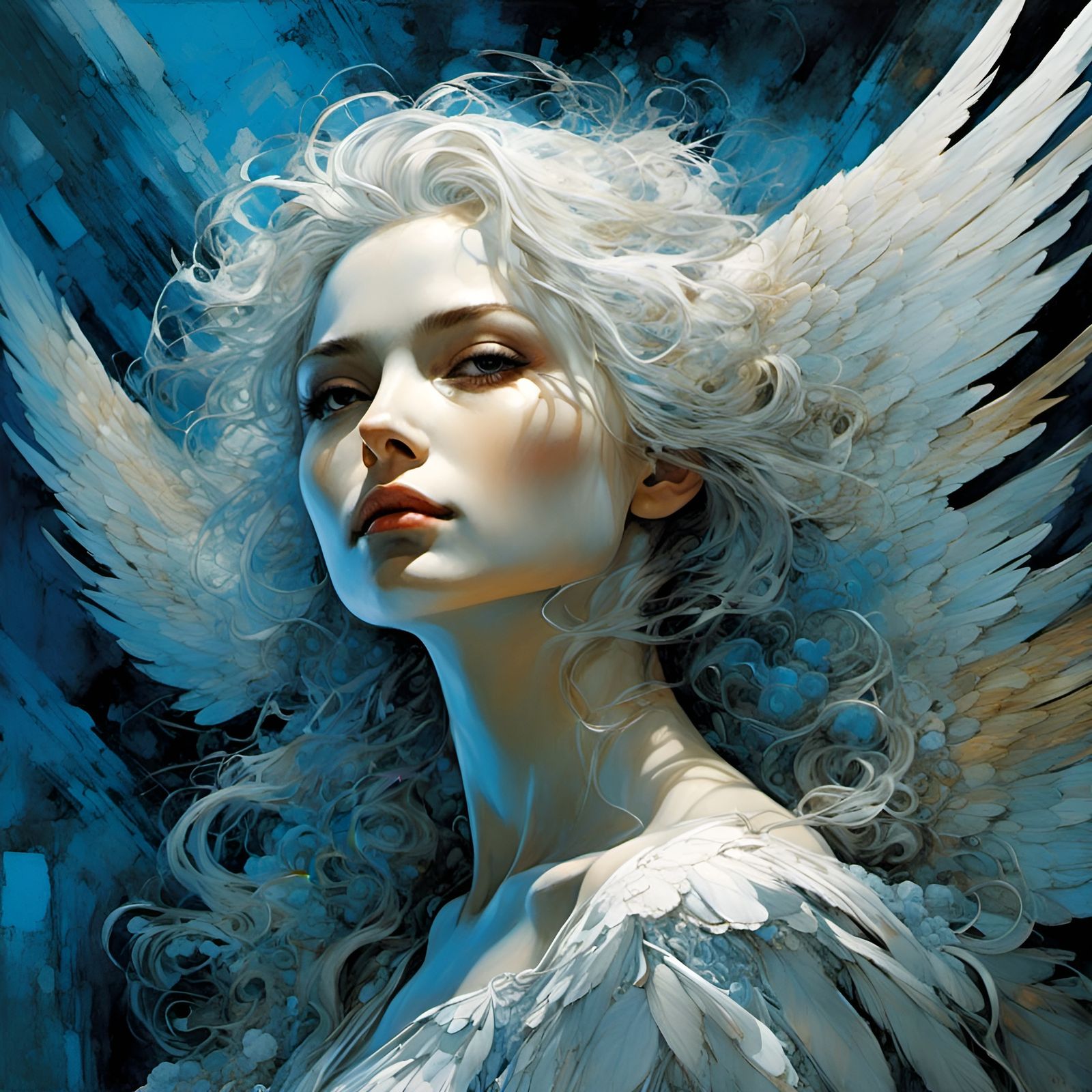 Sacred Angel in Crosshatch Post-Apocalyptic Painting