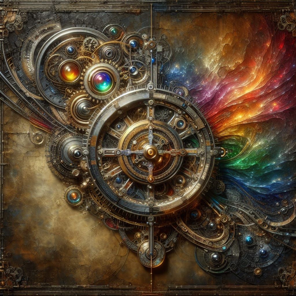 Steampunk Clock with Rainbow Colors and Intricate Details