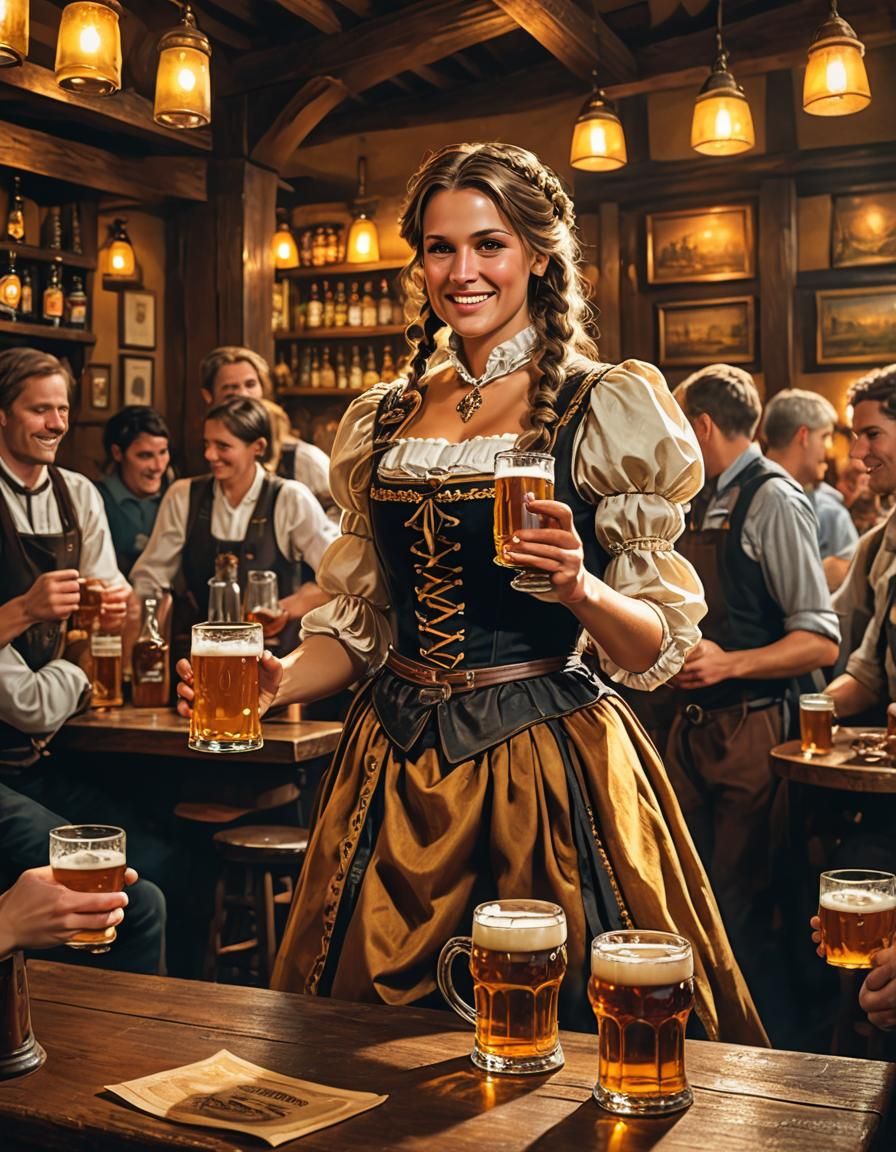 German Beer Maiden Serving Beer in Pub: Concept Art