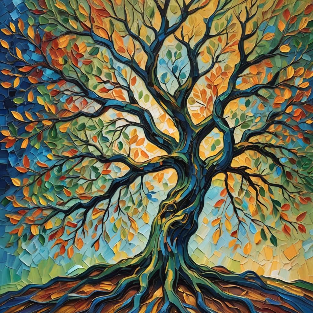 Radiant Rainbow Tree Impasto Oil Painting
