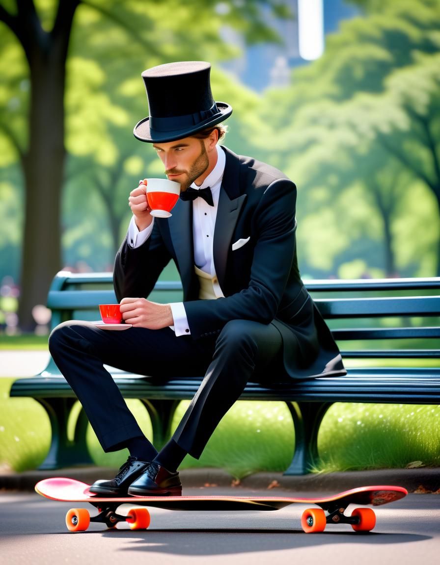 English Gentleman Cruises Central Park on Neon Skateboard