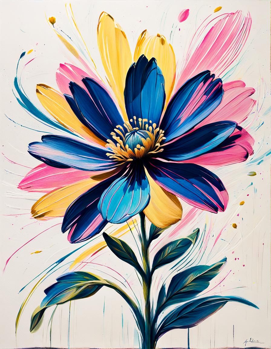 Impressionist Scratch Art Flower in Pink and Blue