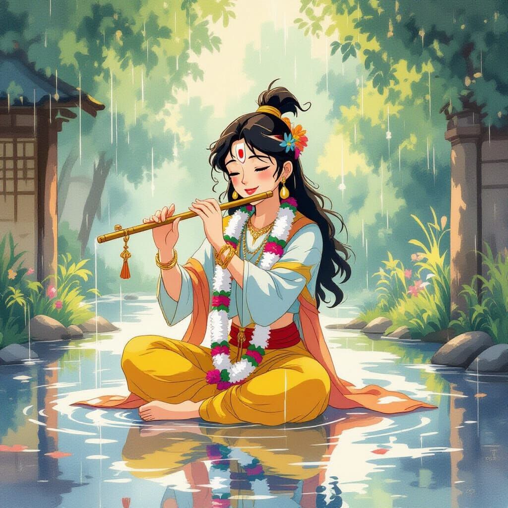 Krishna Plays Flute in Rainy Ghibli Scene
