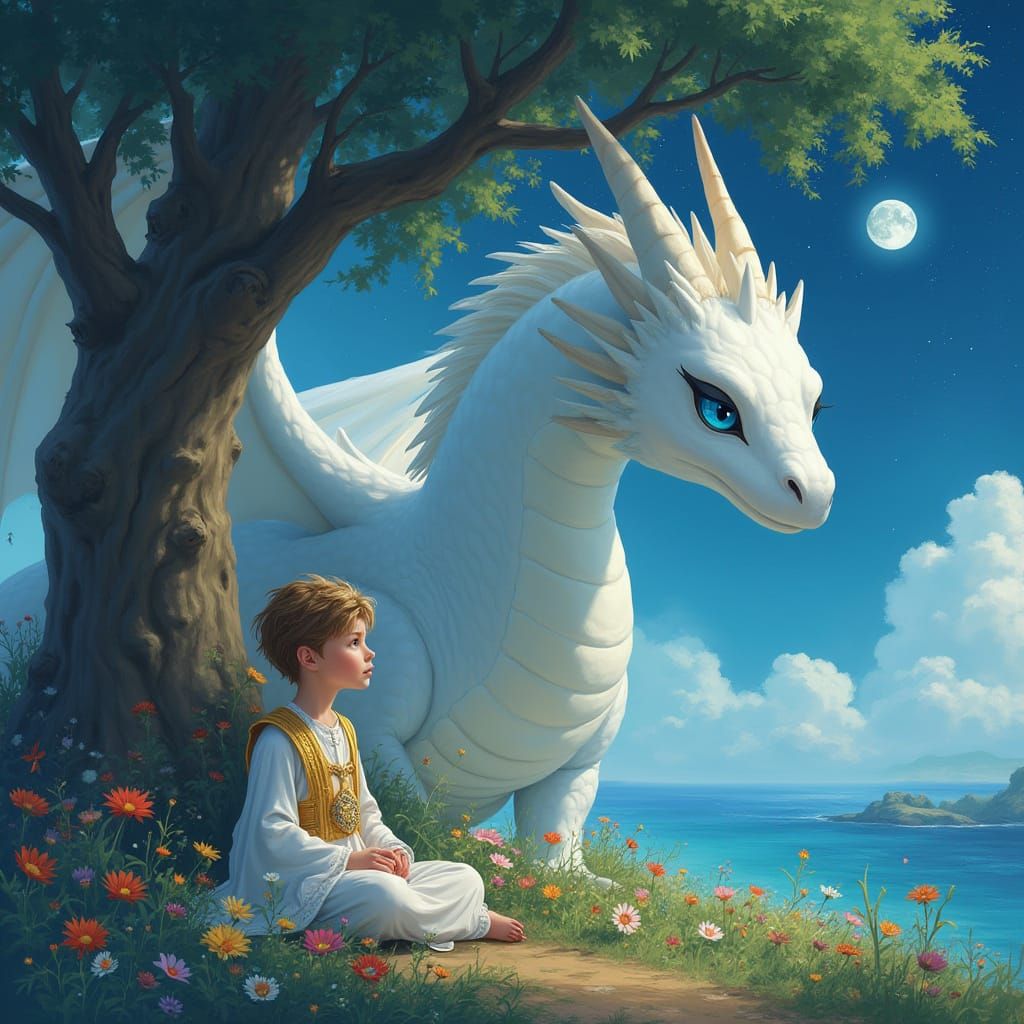 Boy and Dragon Under Starry Sky, Digital Art