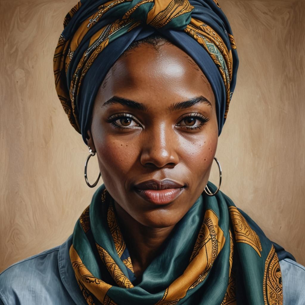 Hyperrealistic Portrait of South African Woman with Scarf