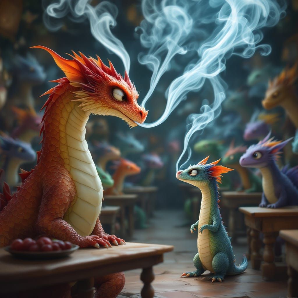 Mystical Dragon Classroom Scene in Dreamlike Style