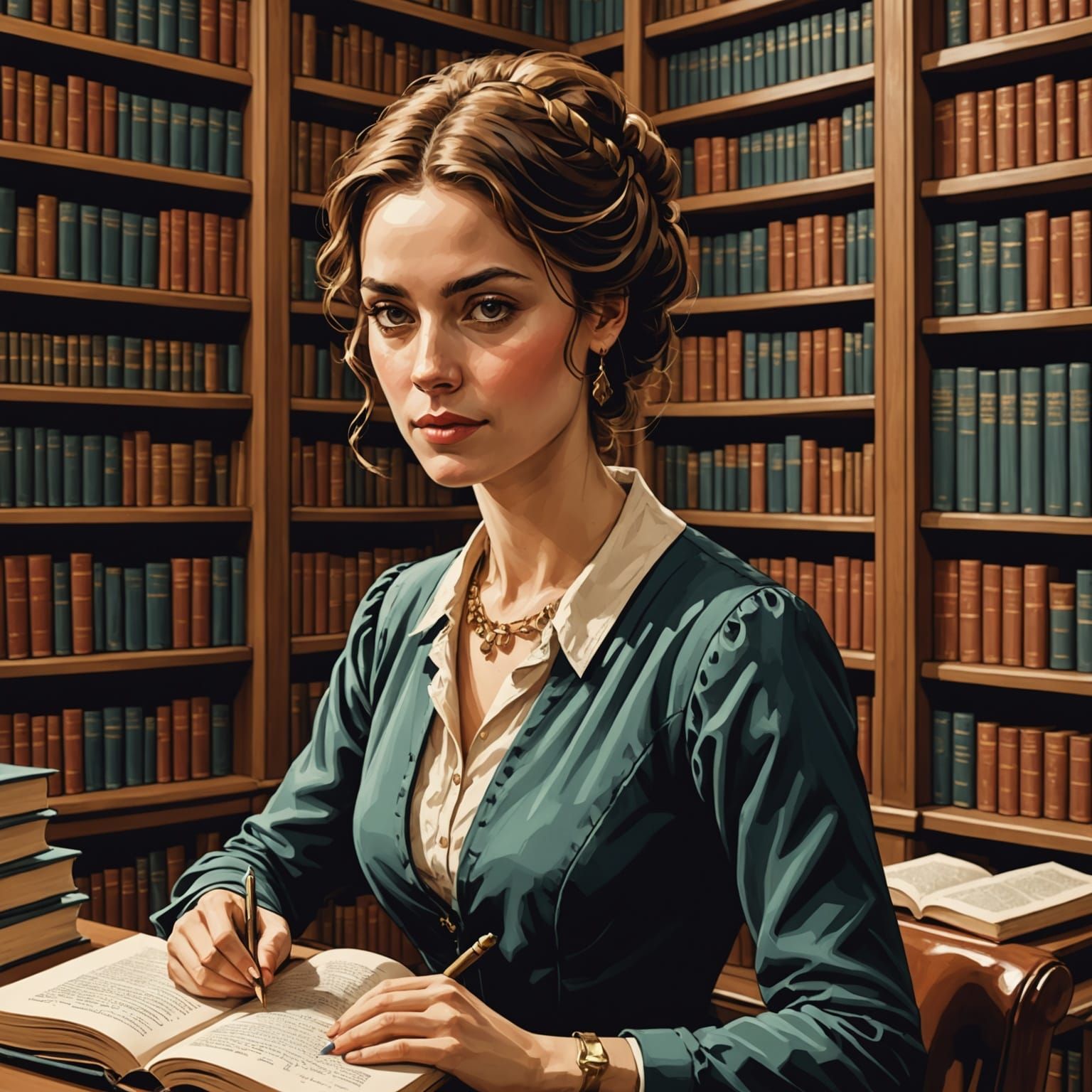 Woman in Library: Gustave Doré Illustration