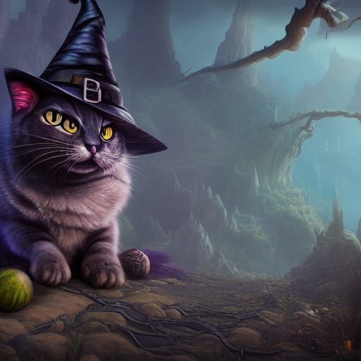 Whimsical Witch Cat in Detailed Fantasy Art