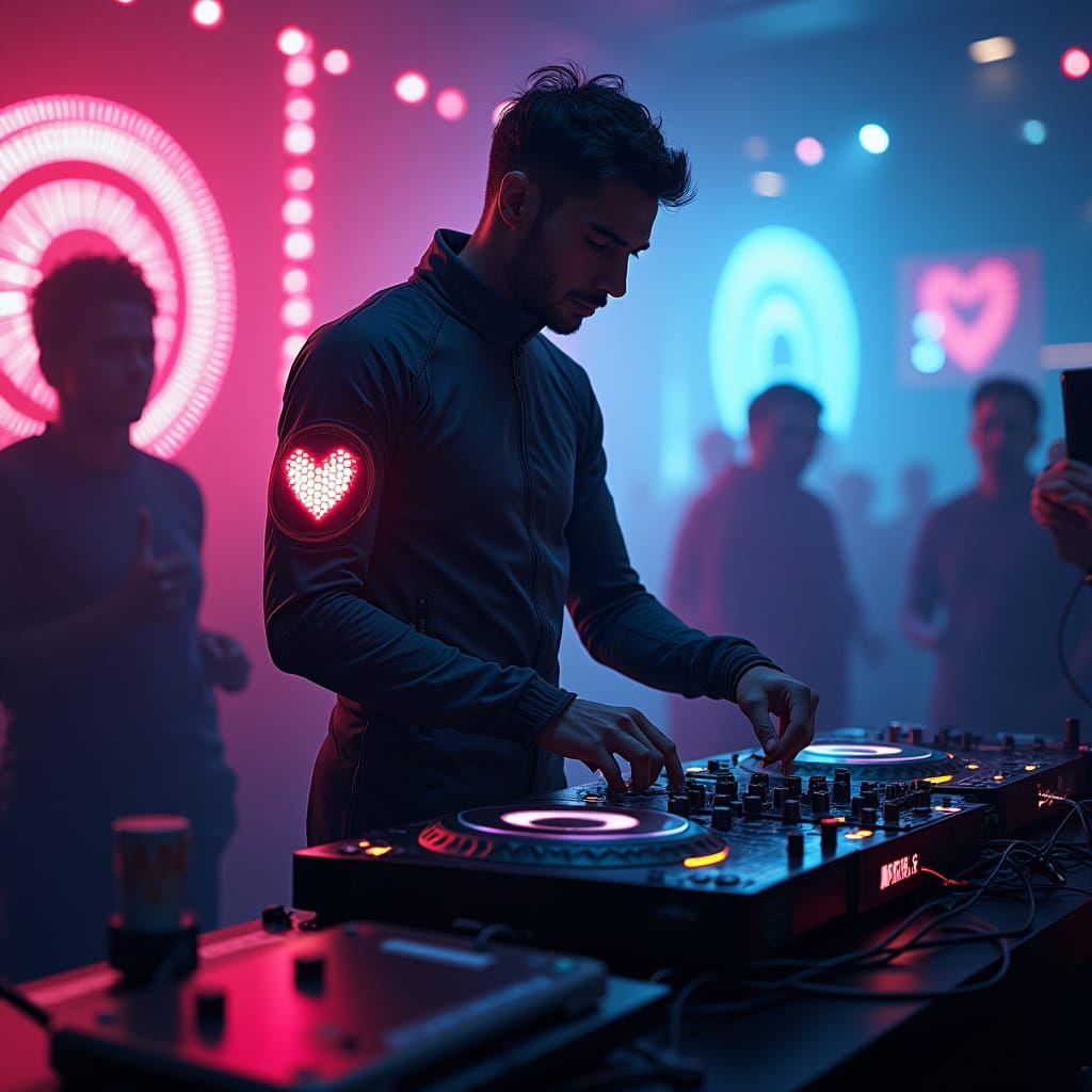 Neon DJ in High-Tech Jumpsuit Spins Records