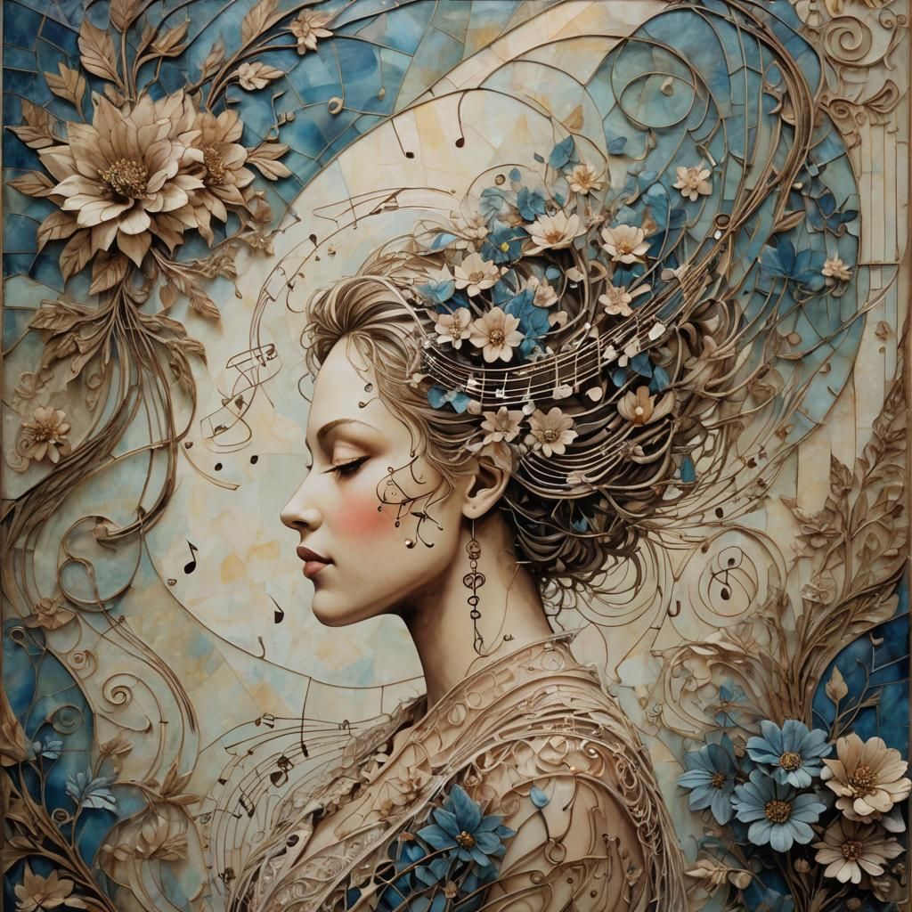 Abstract Woman with Music Notes in Stained Glass Style