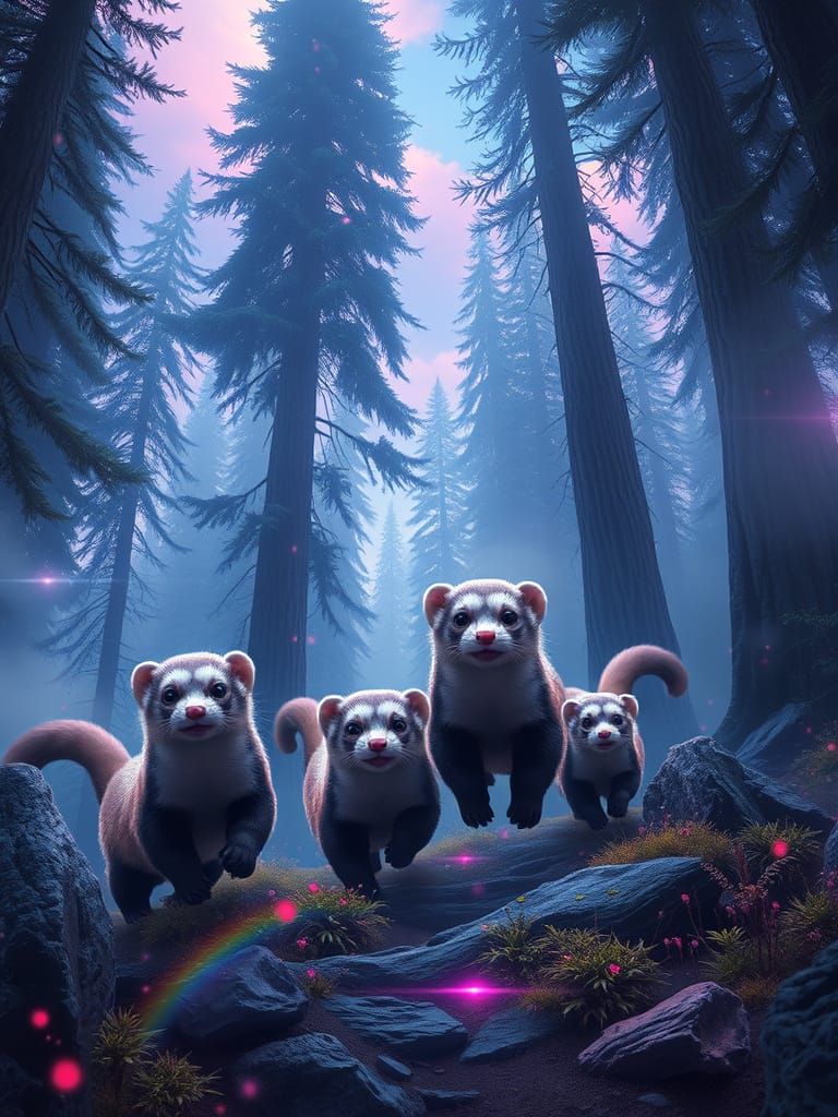Giant Fractal Ferrets in a Mystical Forest