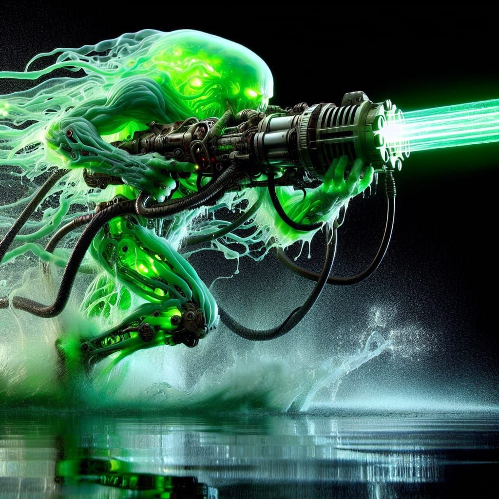 Cybernetic Knight with Plasma Weapon Runs on Water