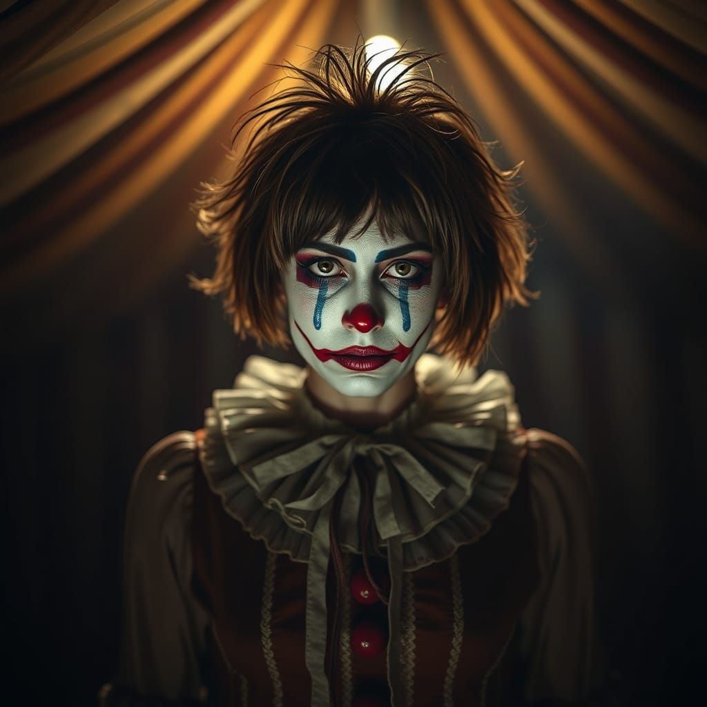 Melancholic Clown Woman in Dimly Lit Circus Tent
