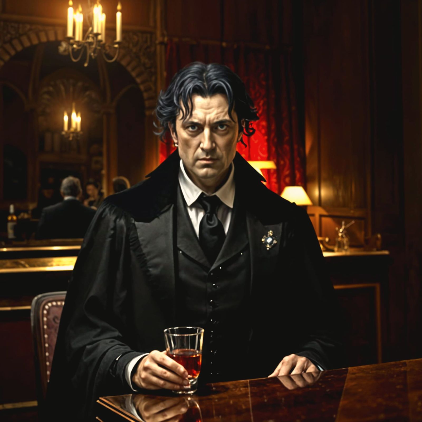 Gothic Gentleman Mingles at Shadowy Mansion Bar