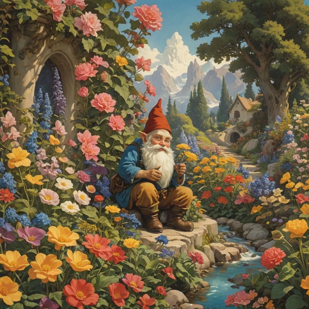 Gnome in Magical Garden: Parrish-Style Illustration