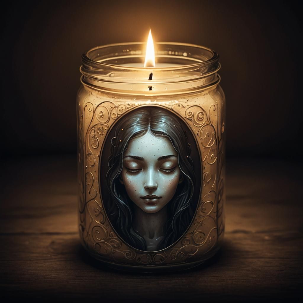 Gentle Face Emerges from Candle Flame in Jar