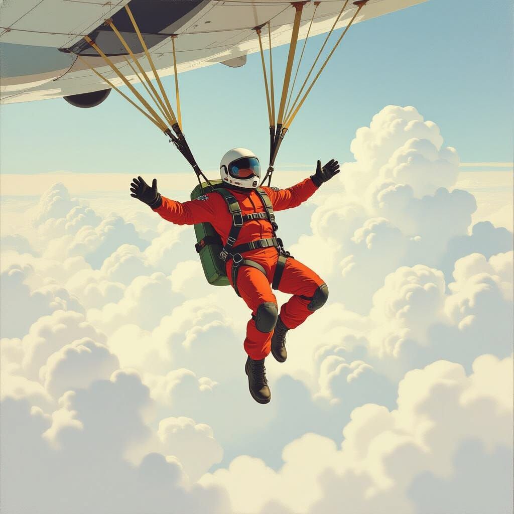 Skydiver Leaps from Aircraft: Gouache Style Painting