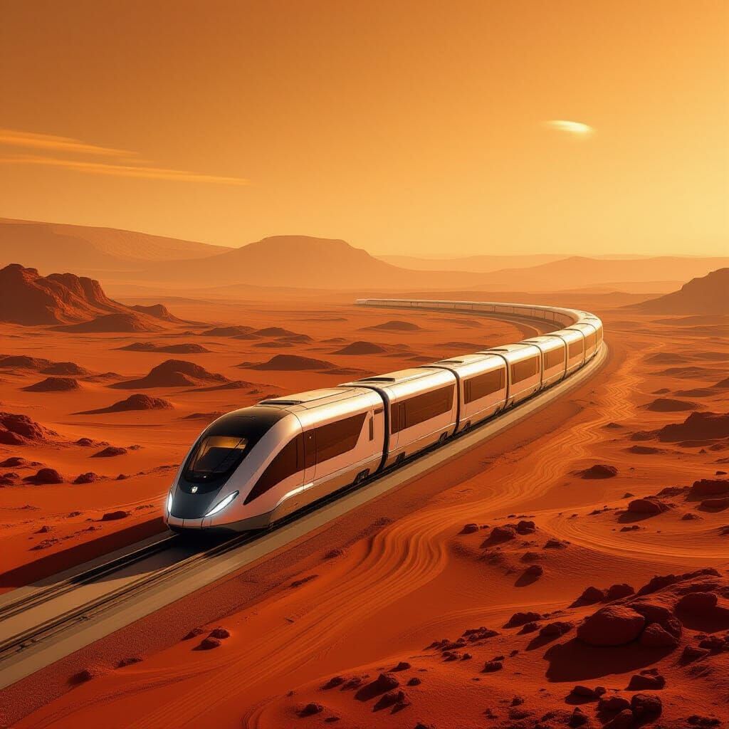 Futuristic Hyperloop Speeds Across Mars Landscape