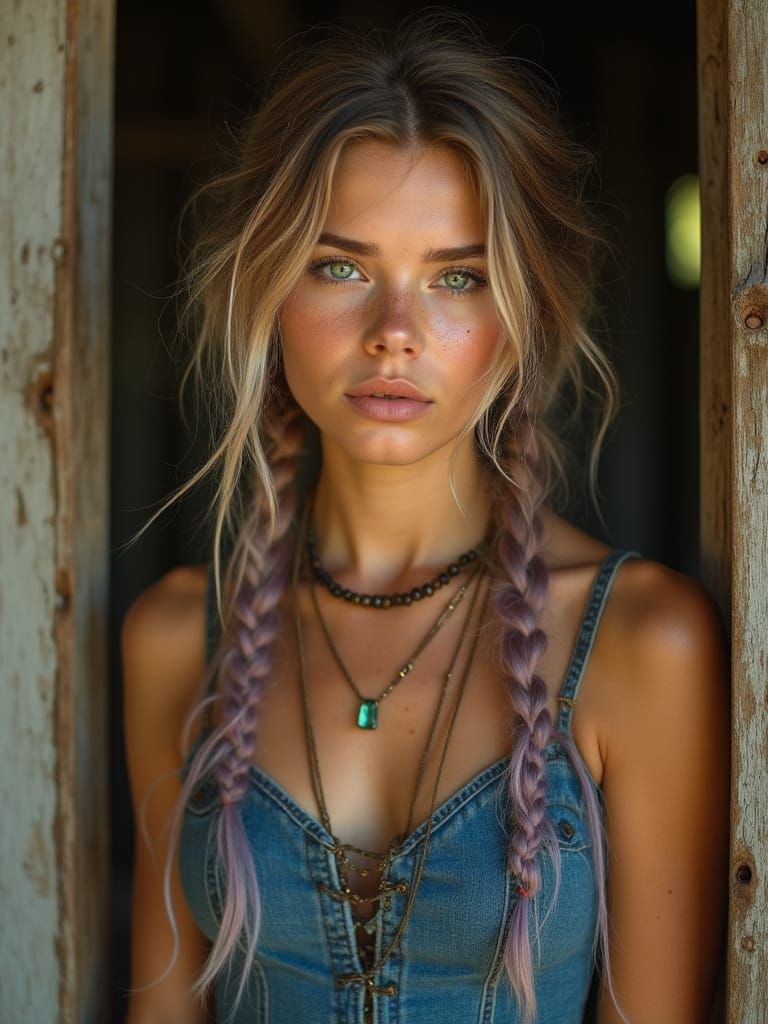 Mystical Young Woman in Lavender Braids and Earth-Toned Jewe...