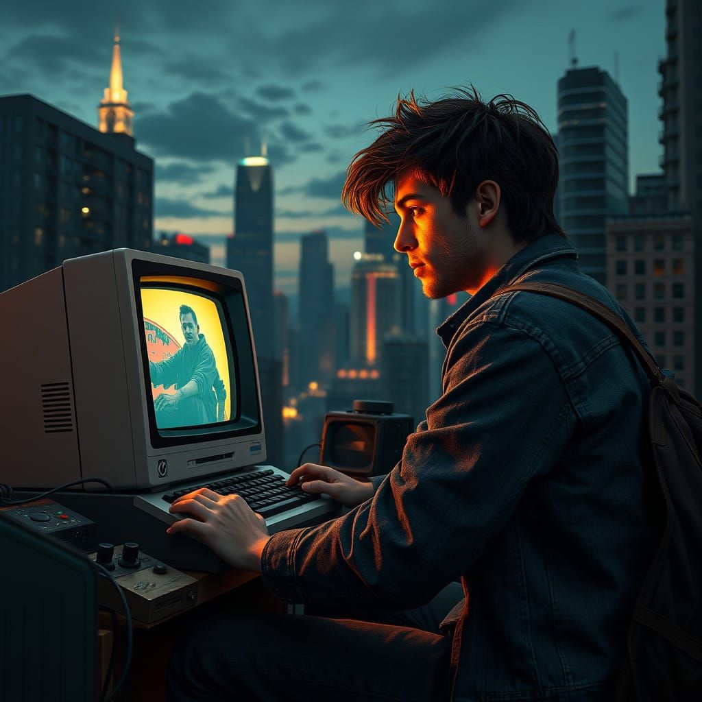 Gritty Retro Futurist Neon Cityscape with Gaming Nostalgia