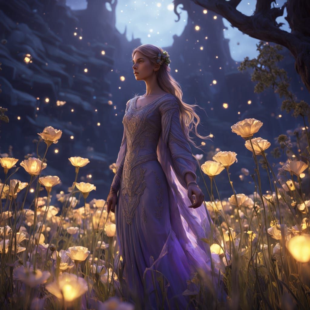 Goddess in Glowing Flower Field, Art Nouveau Style