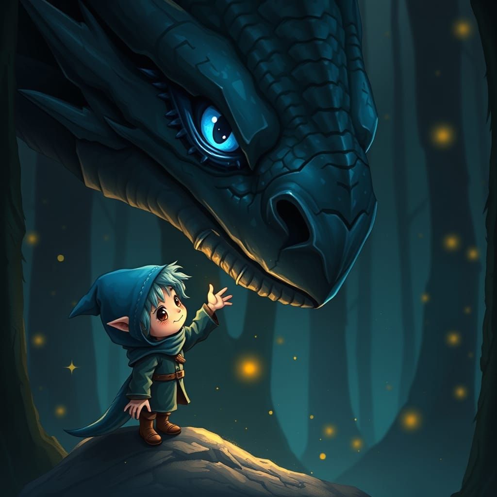 Enchanting Goblin Meets Glowing Dragon in Magical Forest