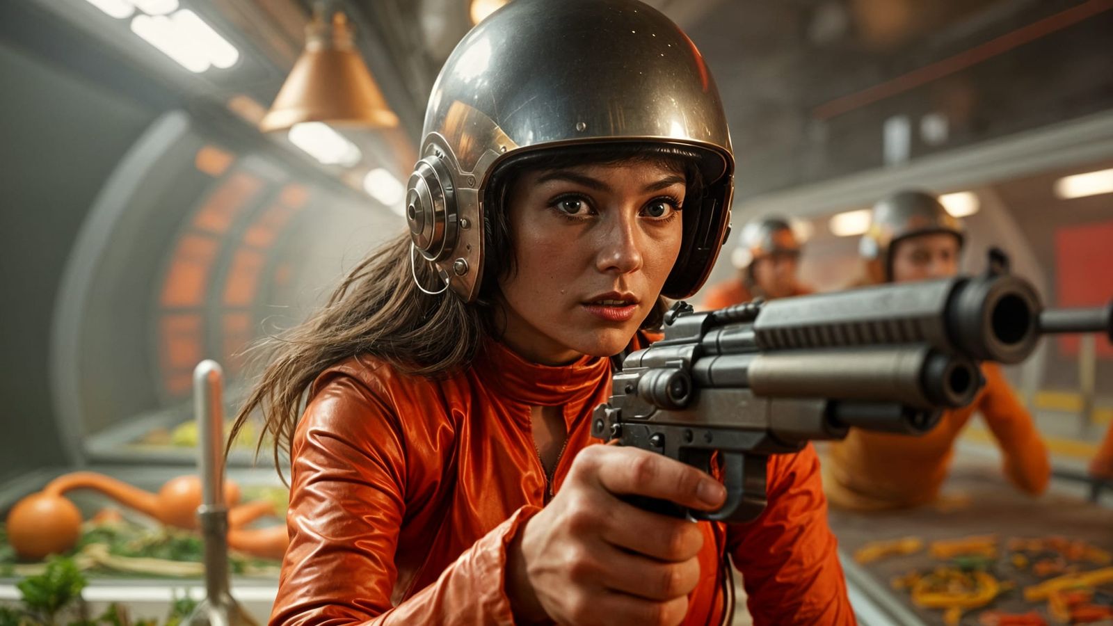 Retro Sci-Fi Cafeteria Showdown in Vibrant Technicolor