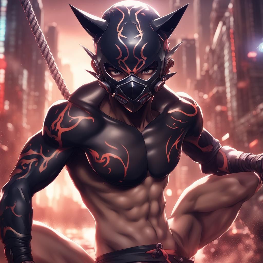Sensual Anime Neko Boy in Fighter Mask