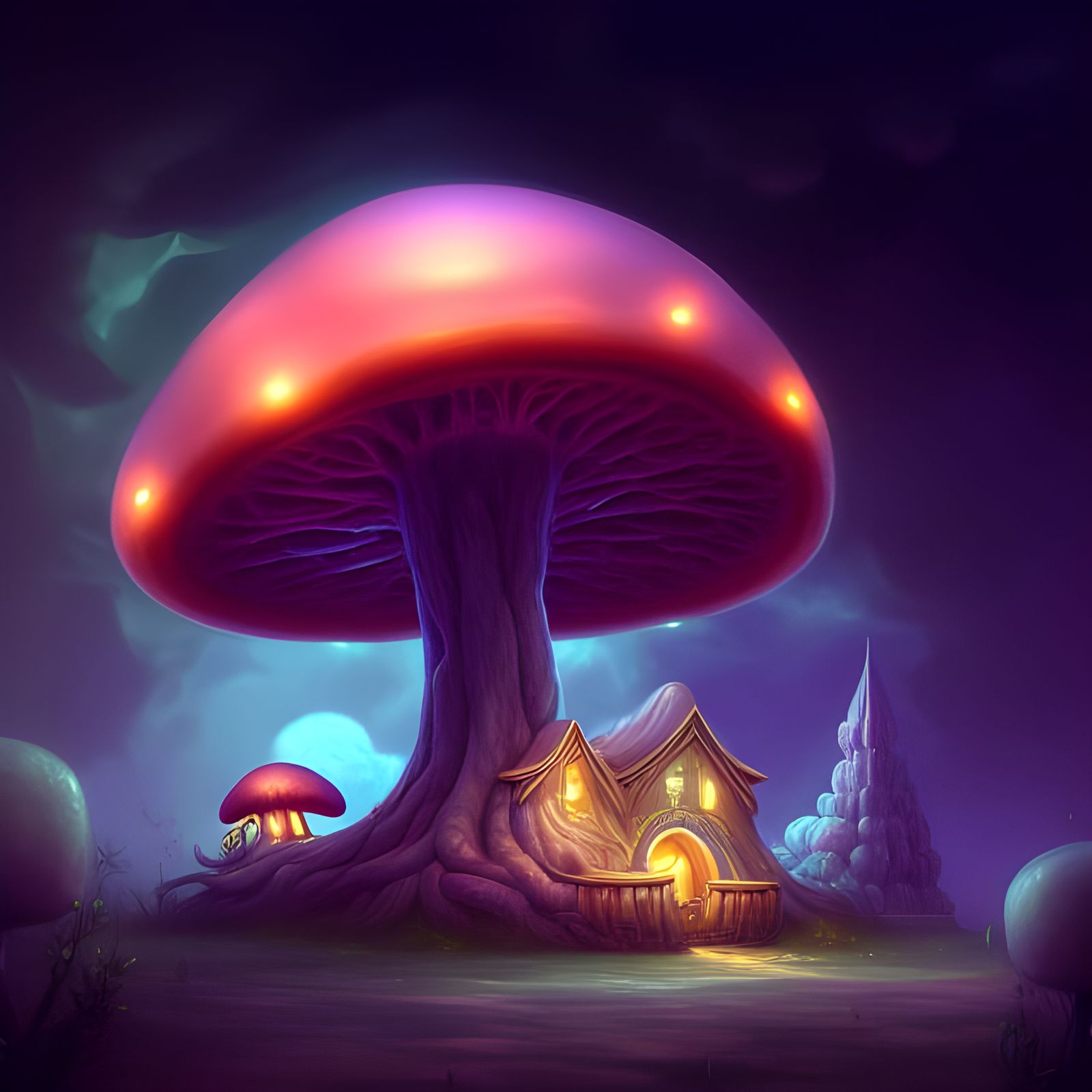 Glowing Mushroom House with Elaborate Architecture
