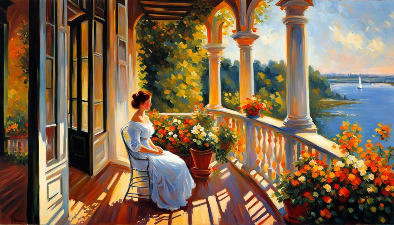 Impressionistic Woman on Lakeside Veranda
