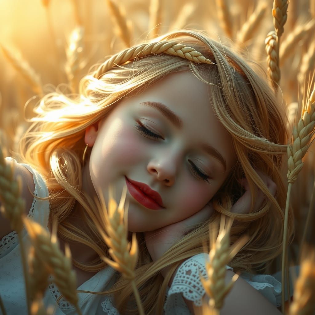 Golden-Haired Girl Asleep in Sun-Drenched Wheat Field