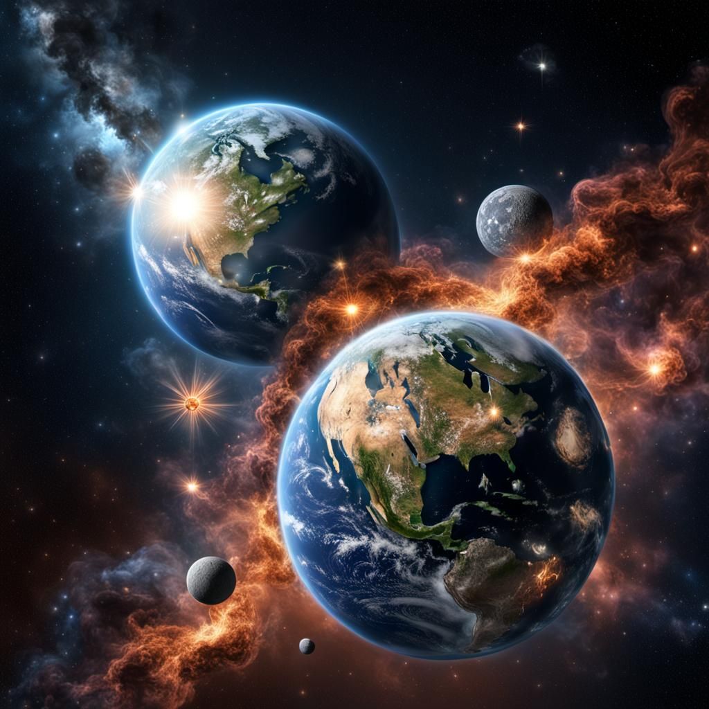 Hyperrealistic Earth and Moon in Cosmic Stardust