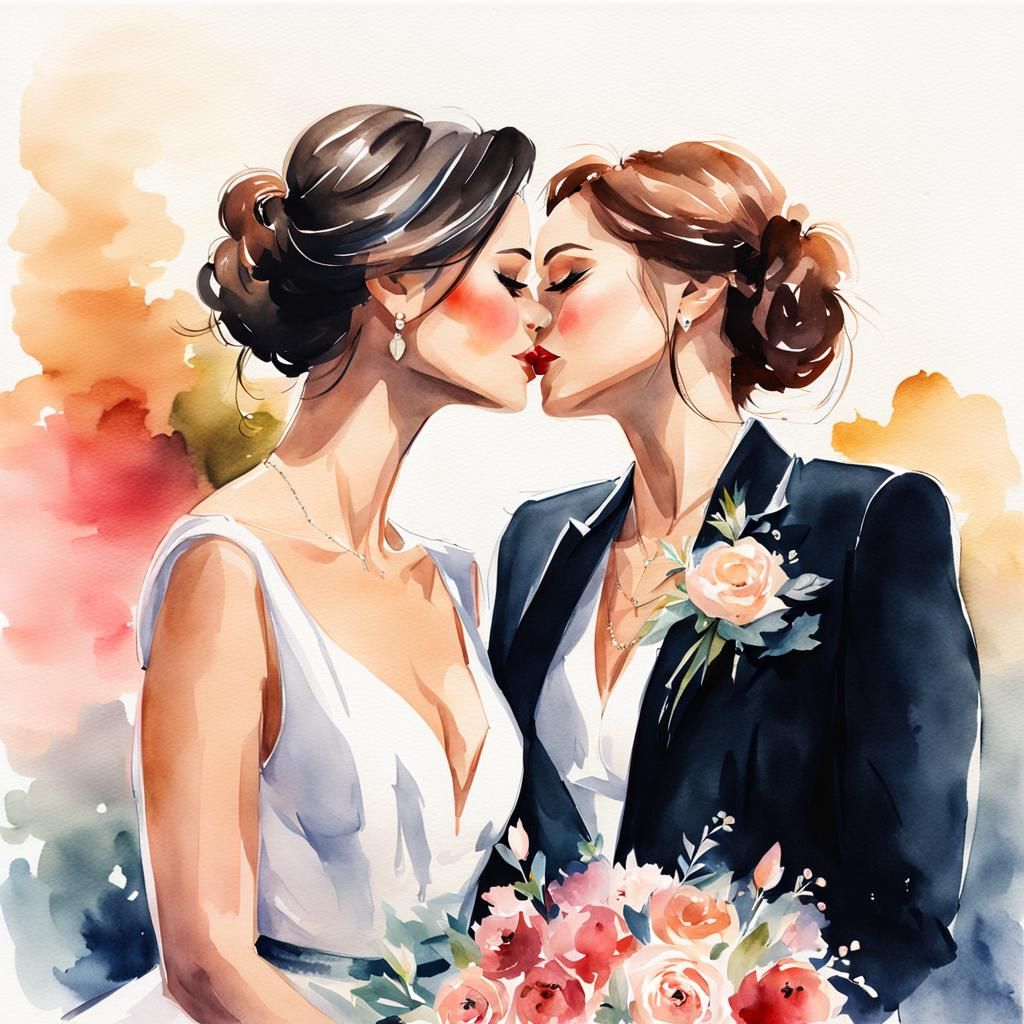 Women Kissing at Wedding in Watercolor Style